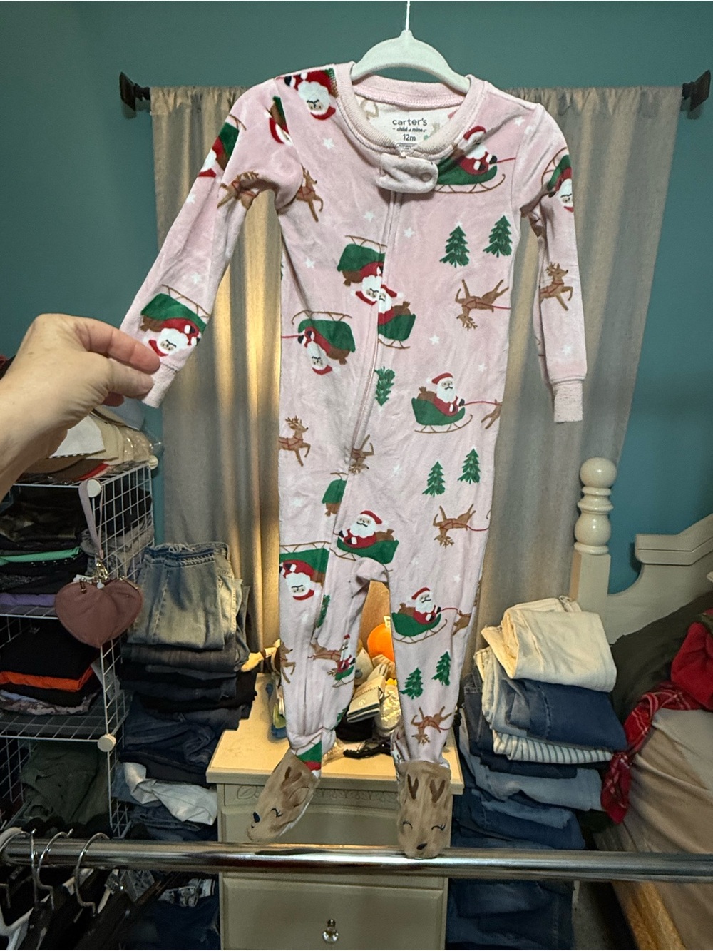 Carter’s Baby 12M Pink Santa Reindeer Christmas Fleece Footed Pajamas